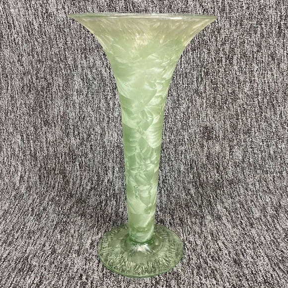 Unbranded Other - Spain Glass Trumpet Vase Large Green Textured Swirl Floral Centerpiece Decor
